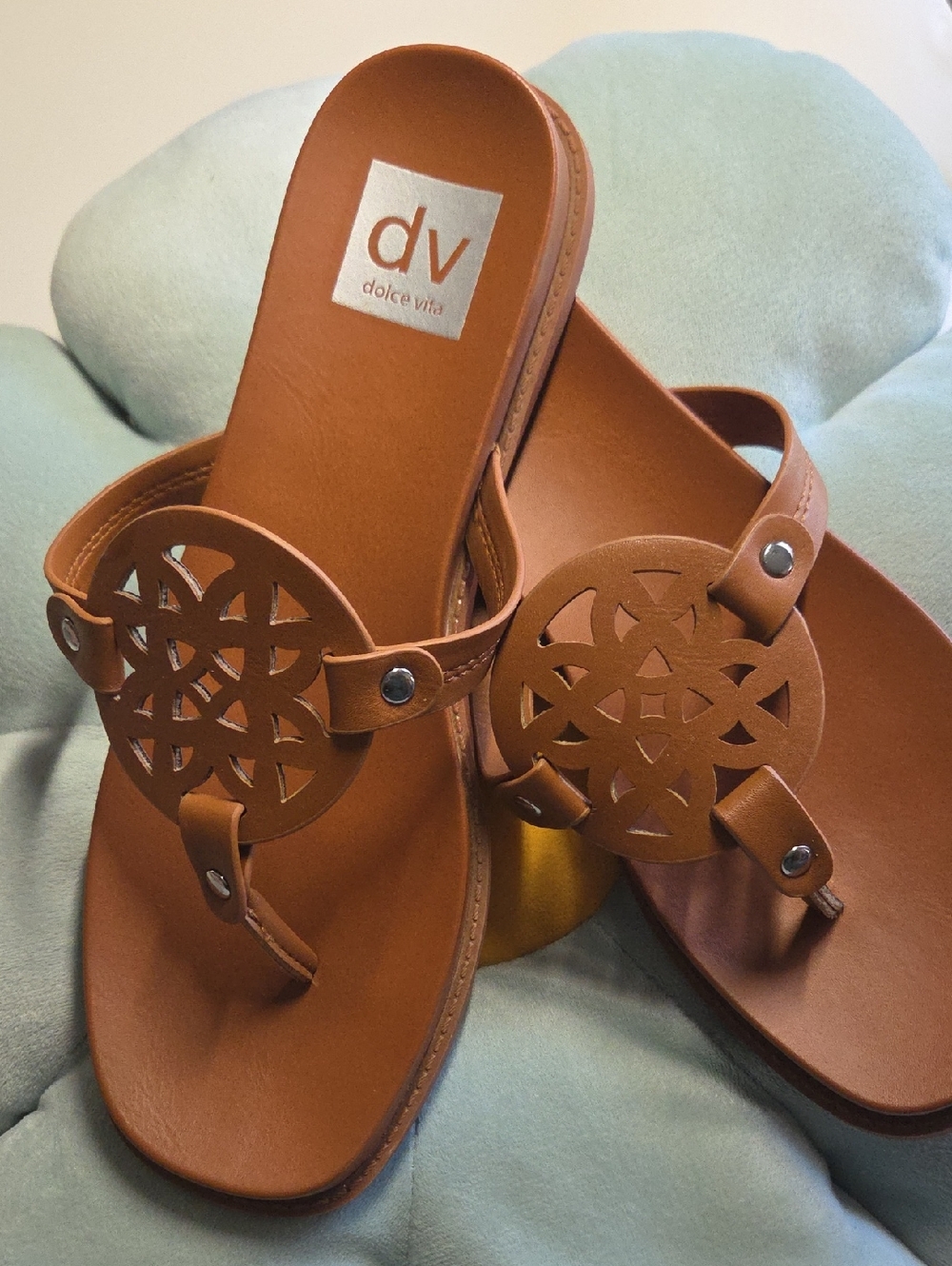 Dolce Vita Brown Leather Cutout Medallion Thong Sandals